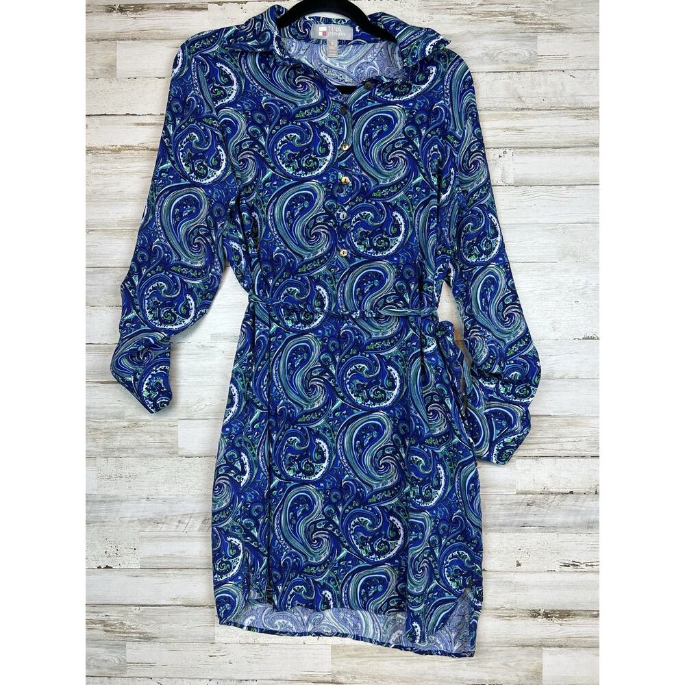 Tina Stephens Dress Womens Small Blue Paisley Belted Roll Tab Sleeves Pockets